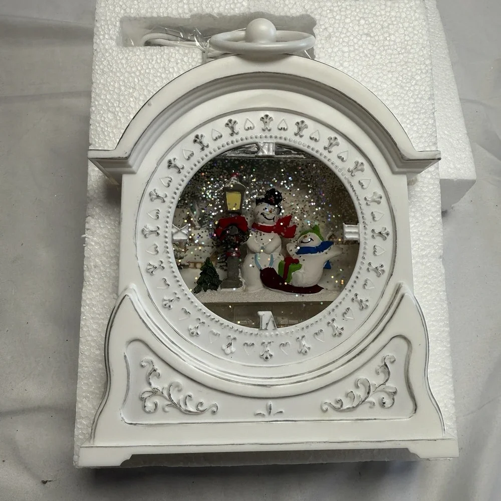 Gerson Christmas Snow Globe Water Lantern Lighted White Clock Snowman 9